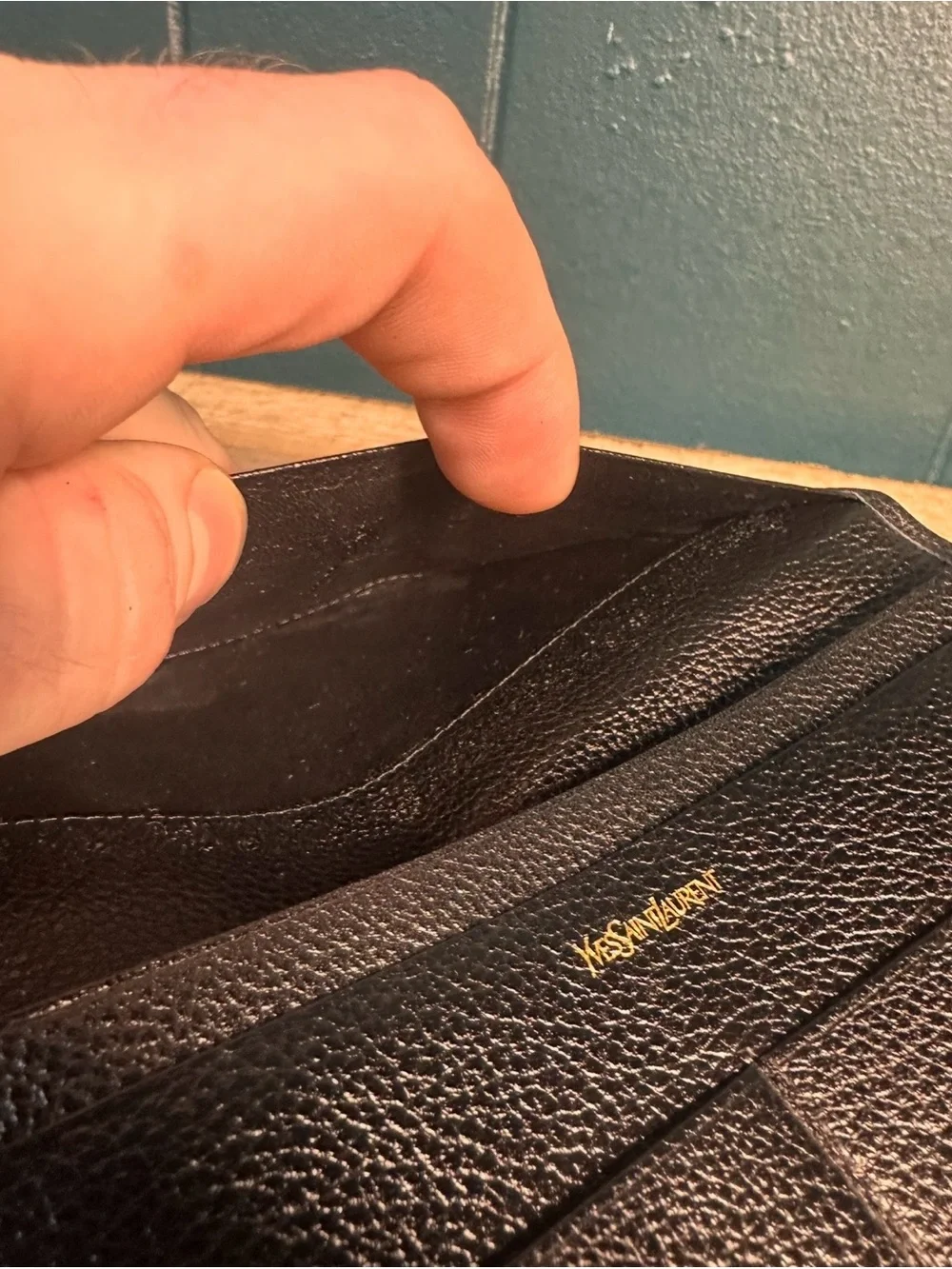 YSL Saint Laurent Monogram Black Leather Wallet Textured Grain Gold Logo Bifold